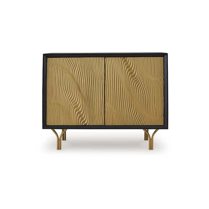Yien Sideboard Console, 2 Carved Doors, Gold Legs, Black Wood 40 Inch