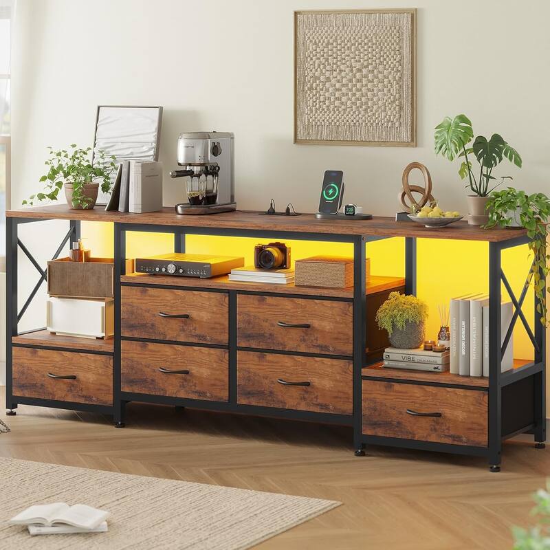 TV Stand with LED Lights Power Outlets Dresser Fabric Drawers Entertainment Center