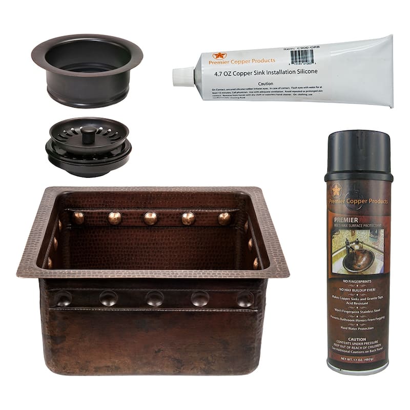 16" Gourmet Rectangular Hammered Copper Bar/Prep Sink w/ Barrel Strap Design, Matching Drain and Accessories