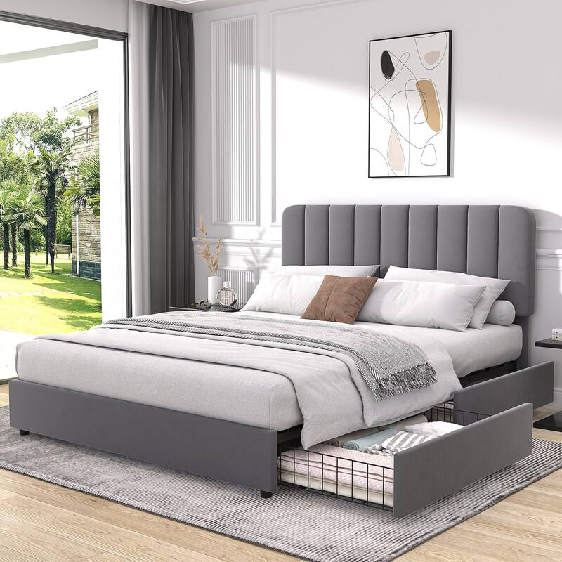 Javlergo Upholstered Platform Bed Frame with Storage Drawers and Adjustable Headboard, No Box Spring Needed