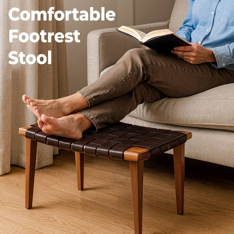 Aria Home Brown Rene Genuine Leather Stool Bench Modern Accent Seat