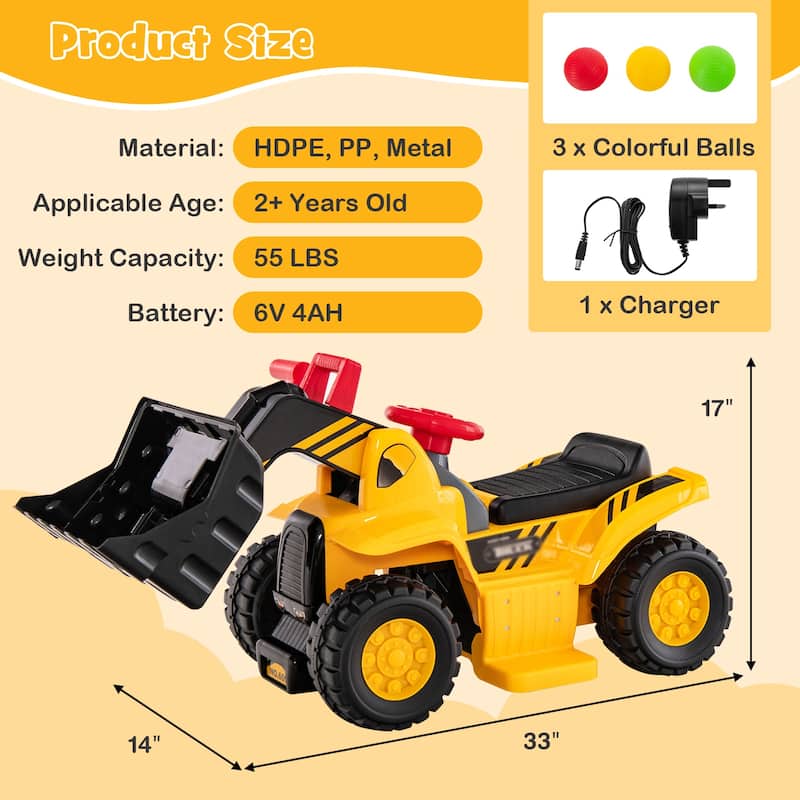 6V Kids Ride On Bulldozer with Folding Basketball Hoop and Balls - 33" x 14" x 17" (L x W x H)