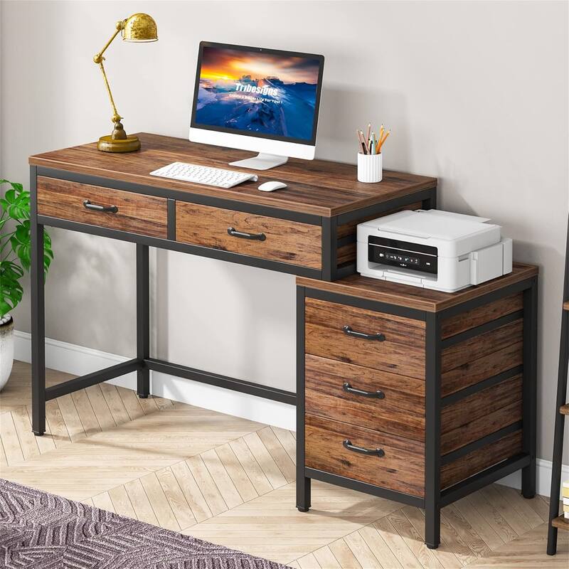 51" Reversible Industrial Computer Desk with 5 Drawers