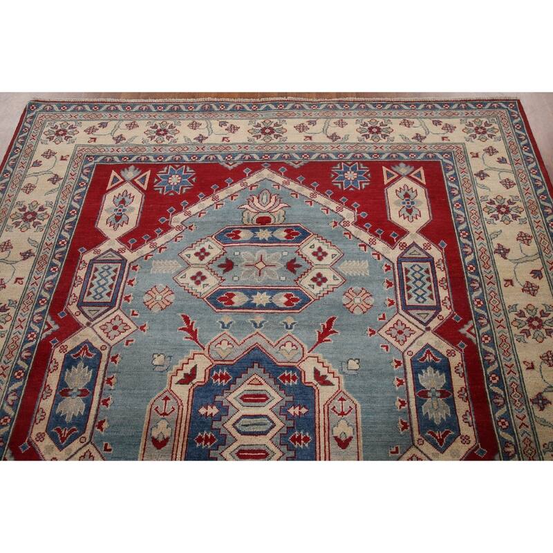 Hand Knotted Oriental 100% Wool Carpet Traditional Geometric Navy Blue & Blues Kazak Area Rug - 9' 6'' X 6' 8''