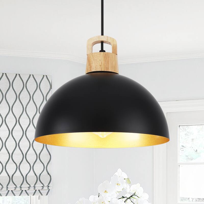 1-Light Rustic Hanging Pendant Light with Metal Shaded for Kitchen Island - Black