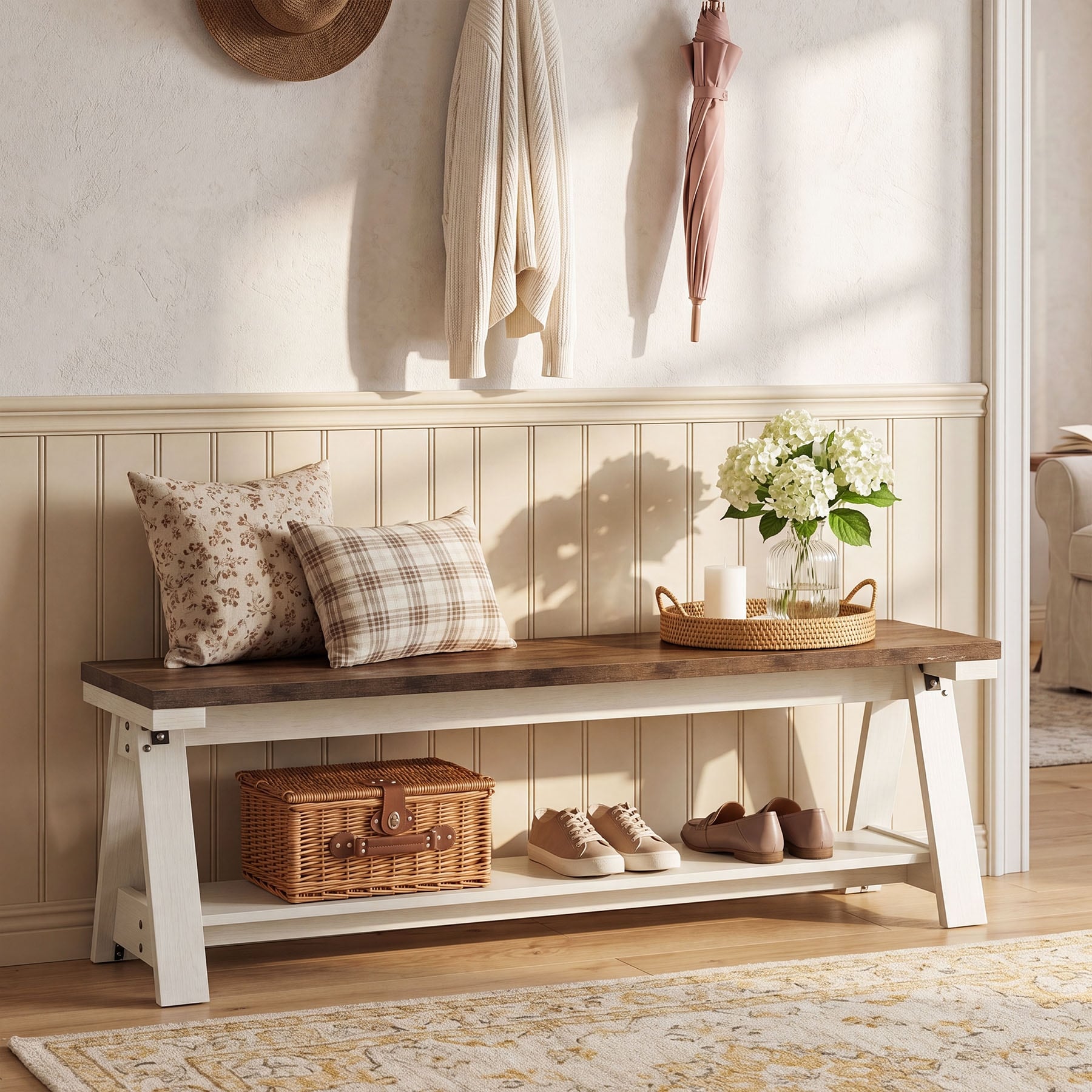 Wooden Entryway Bench with Open Shelves, End of Bed Bench, 59'' Dining Bench for Kitchen, Living Room, Hallway, Bedroom