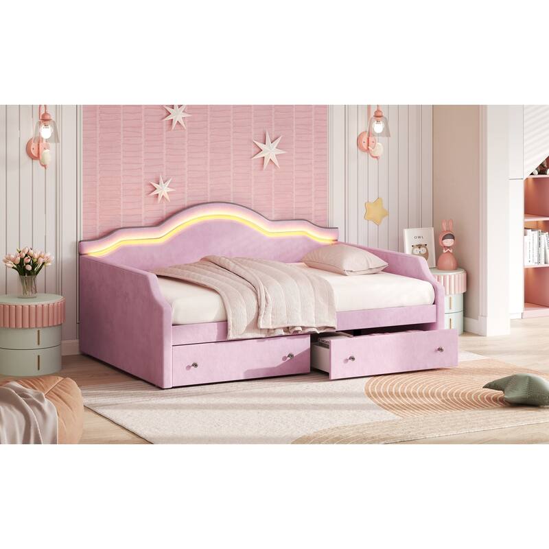 Upholstered Daybed with 2 Drawers, Wave Backrest Frame with Ambient Lighting, No Box Spring Needed Storage Sofa Bed