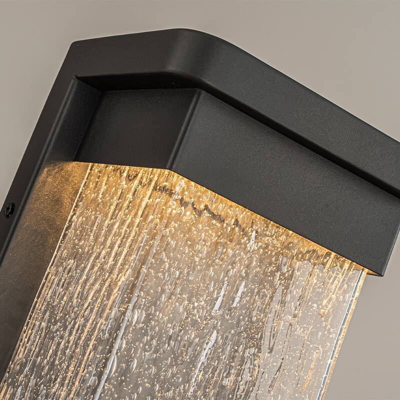 1-Light H12 in Modern Seeded Glass12W Integrated LED Outdoor Wall Sconce with Dusk to Dawn Sensor in Matte Black for Porch Patio