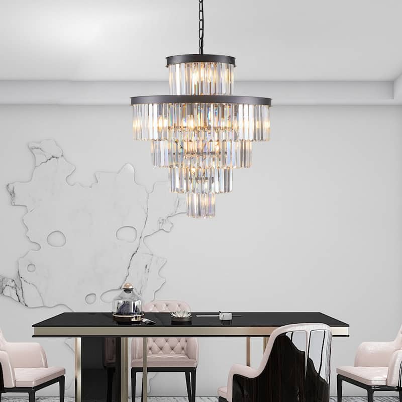 24" Luxury Crystal Chandelier with Black Finish - Elegant 15-Light 5 Tier Pendant Light Fixture for Living Room, Dining Room