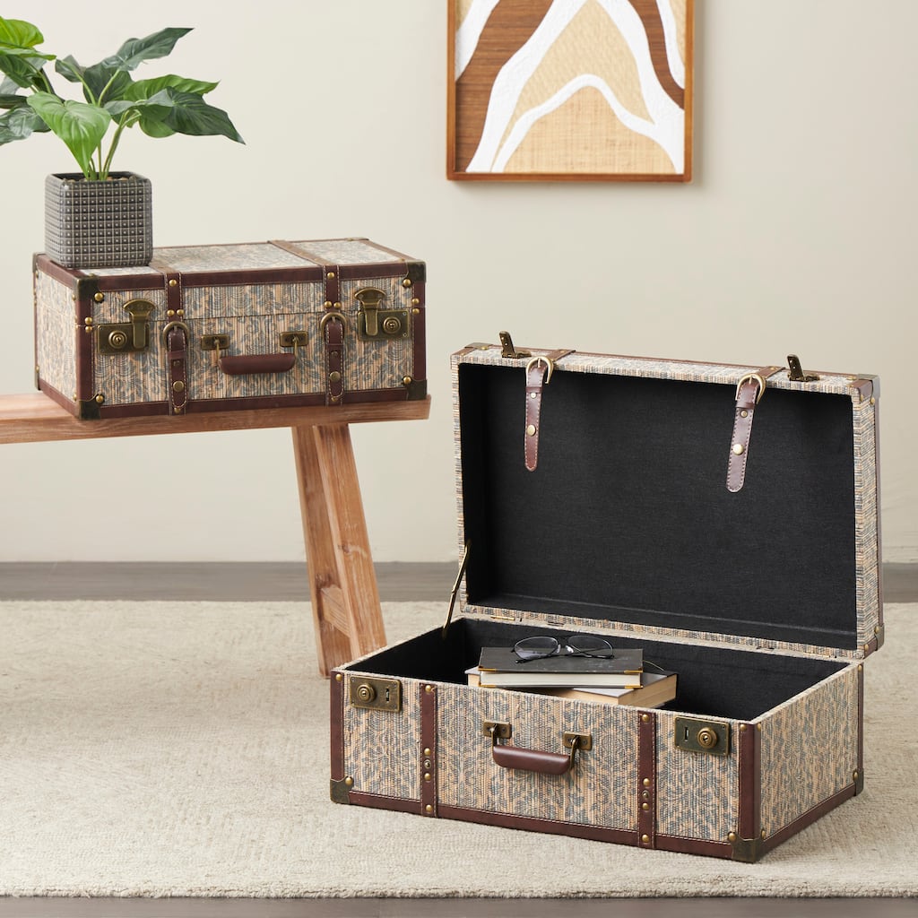 Blue Wooden Vintage Storage Floral Decorative Trunk with Brown Leather Accents and Gold Studs (Set of 2)