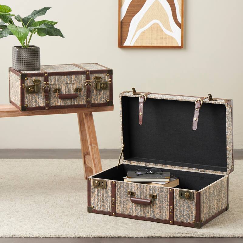 Blue Wooden Vintage Storage Floral Decorative Trunk with Brown Leather Accents and Gold Studs (Set of 2) - Blue