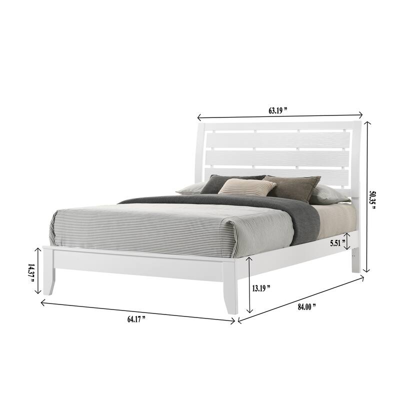 1pc Queen Size White Finish Panel Bed Geometric Design Frame Softly Curved Headboard Wooden Bedroom Furniture