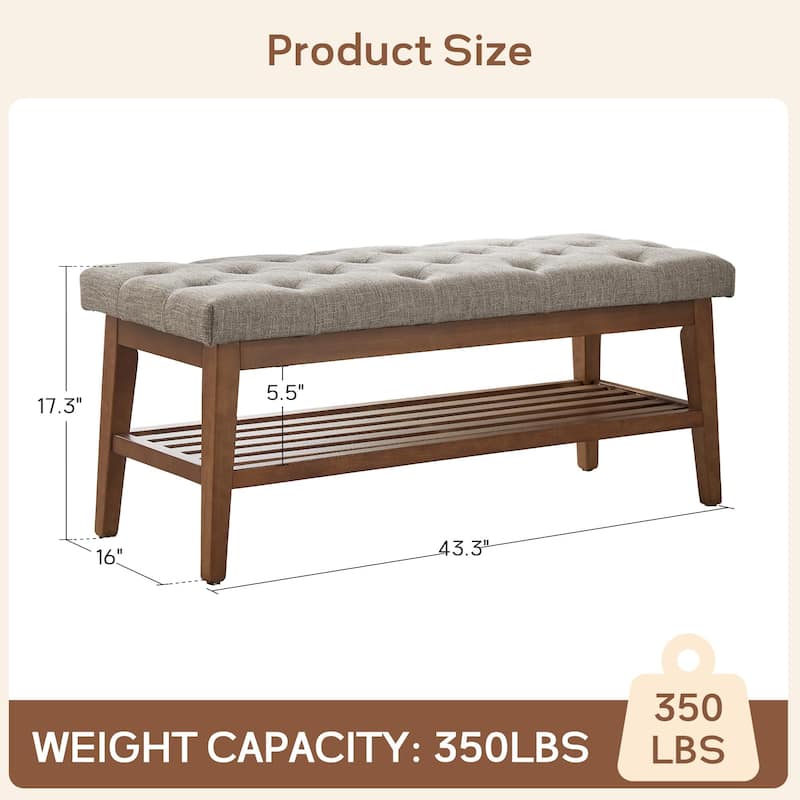 Entryway Shoe Bench Storage Bench Fabric Solid Wood, 43-inch Upholstered Bench for Living Room, Bedrooms