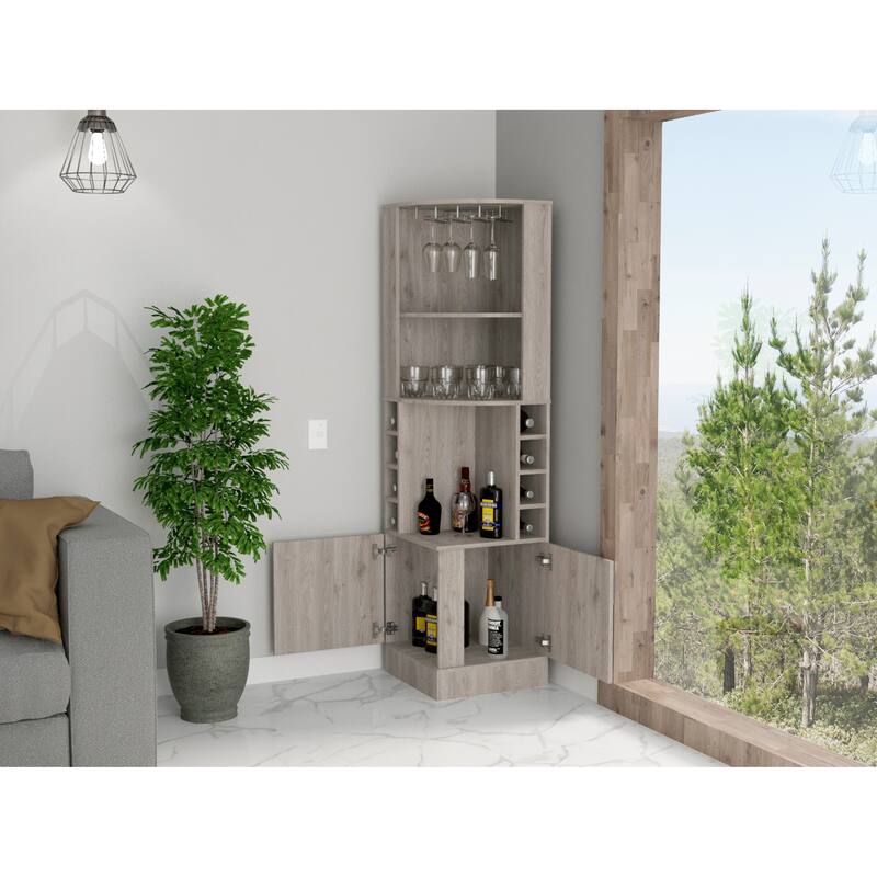 Bar Cabinet with Wine Bottle Storage & Concealed Shelves, 8-Bottle Display, Particle Board, 71" Tall - Light Grey