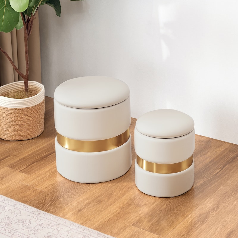 Adeco Set of 2 Velvet Storage Ottoman Round Foot Stool Metal Band