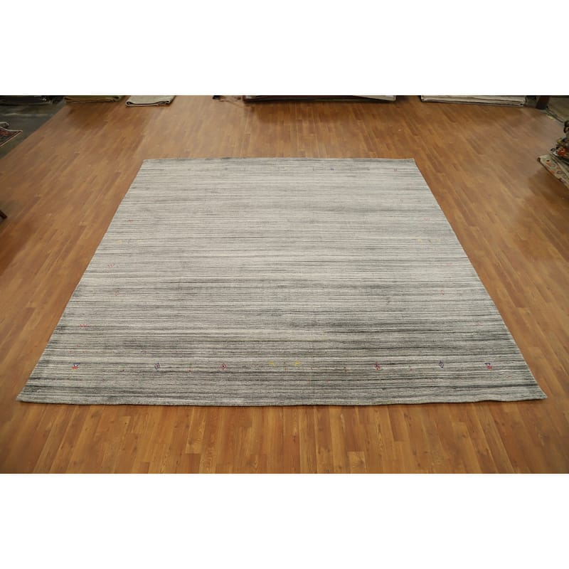 Hand Knotted Oriental Viscose Silk Carpet Tribal Animal Pictorial Greys & Charcoal Gabbeh Area Rug - 9' 11'' X 9' 11''