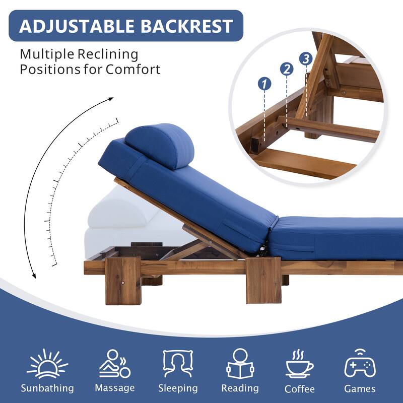 78.8"Patio Chaise Lounge Chair, Acacia Wood Adjustable Recliner with Headrest and Retractable Side Tray