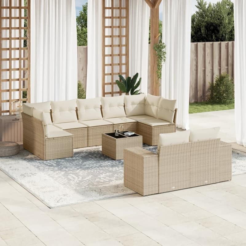 vidaXL Patio Sofa Set with Cushions Outdoor Conversation Furniture Poly Rattan - Beige and cream with table - 24.4 x 32.7 x 27.2 in