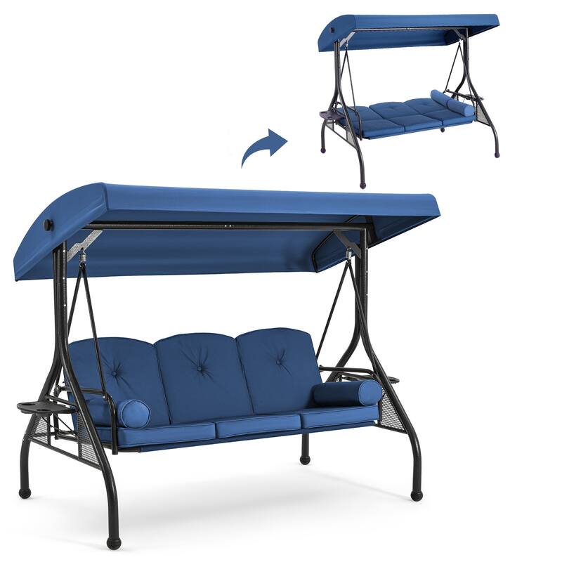 Outdoor Patio Swing Chair for 3 People, with Removable Cushion and Convertible Canopy