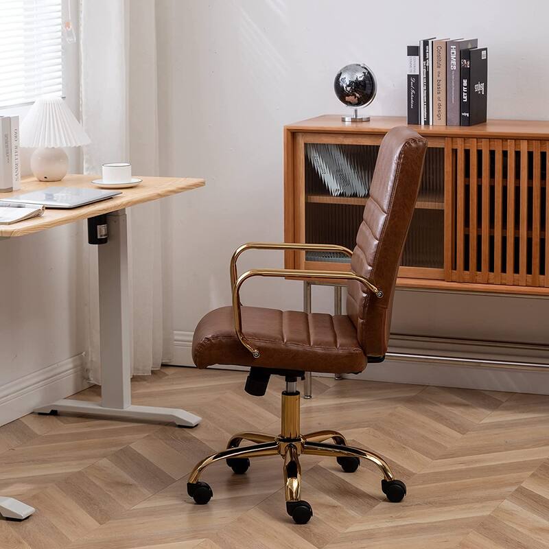 Brown Vintage Adjustable Home Office Faux Leather Golden Arms Executive Chair High Back Manager Desk Armchair