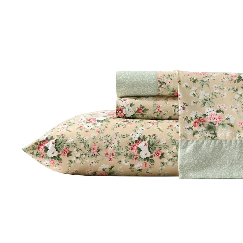 Laura Ashley Percale Cotton Printed Hem Sheet Sets - Queen - Serene Dream