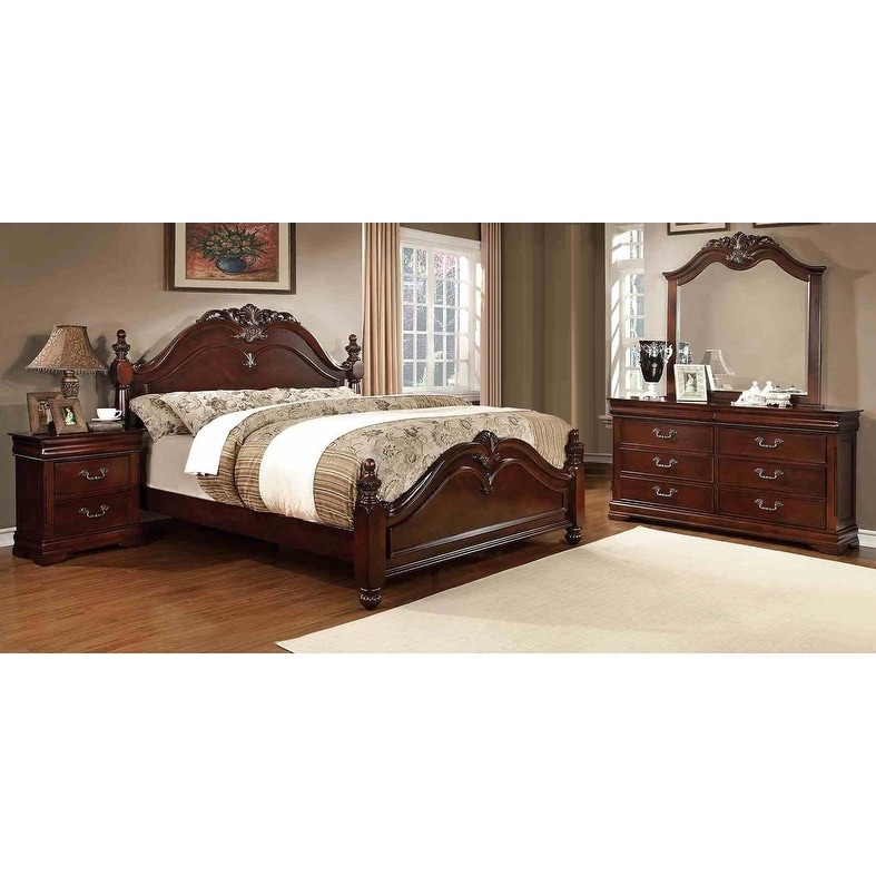 Traditional Cherry Finish Bedroom Furniture Set Bed Dresser Mirror Nightstand