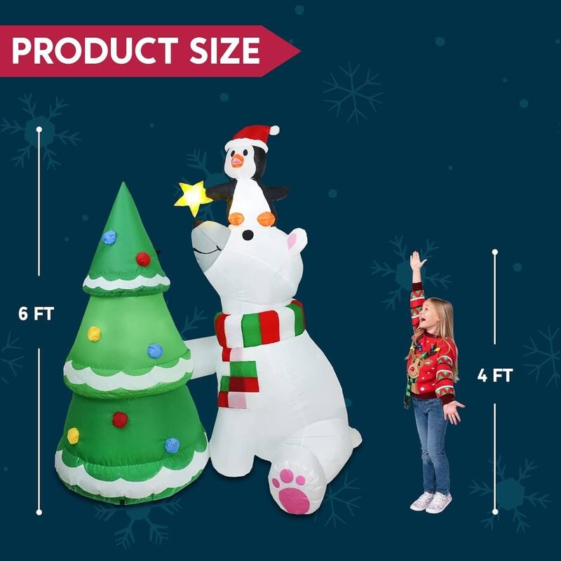 6 ft Christmas Polar Bear Inflatable Decoration, with Penguin & Xmas Tree w/ Built-in LEDs Blow Up Inflatables