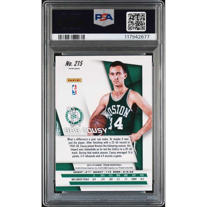 Bob Cousy 2014 Panini Prizm Silver Signed Basketball Card #215 Auto Graded PSA 8 Cert # 117942677 - 8' x 11'
