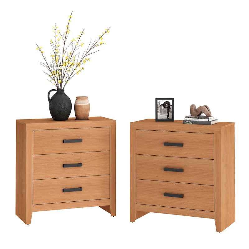 WAMPAT Farmhouse Nightstand with 3 Drawers, Large Wood Bedside Table