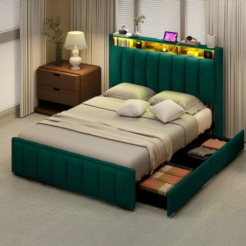 Full / Queen / King Size Platform Bed Frame with Upholstered Storage Headboard and 4 Drawers