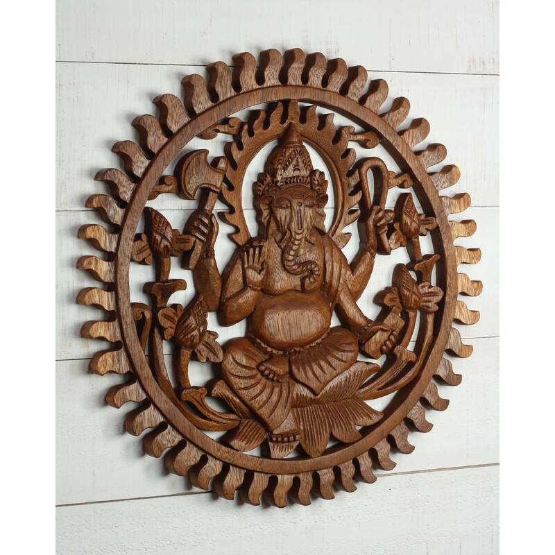 Hand Carved Wooden Ganesha Wall Panel Hindu Elephant God Art, Lotus Floral Mandala