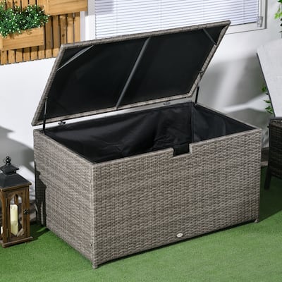 113 Gallon Deck Box Rattan Outdoor Waterproof Storage Box with Front Groove Handle and Hydraulic Gas Spring-Assisted Lift