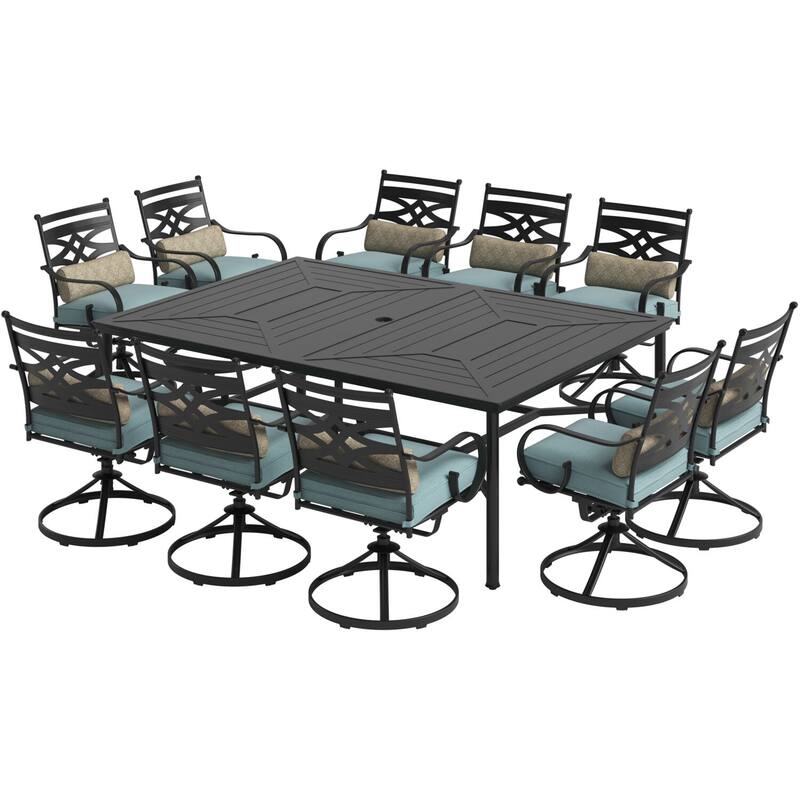 Hanover Montclair 11-Piece Dining Set in Ocean Blue with 10 Swivel Rockers and a 60-In. x 84-In. Table