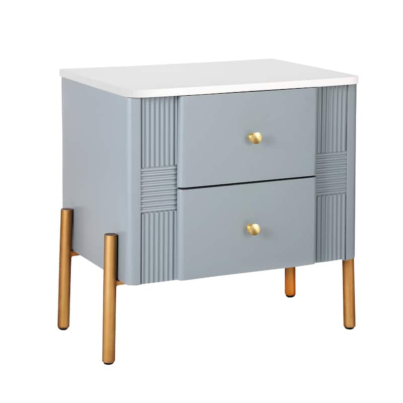 Modern Nightstand with 2 Storage Drawer, Fluted Bedside Table with Golden Metal Handles and Legs