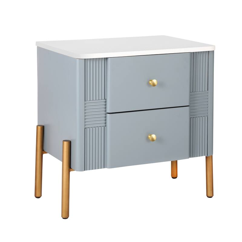 Roomfitters Modern Nightstand with 2 Storage Drawers, Fluted Bedside Table with Gold Metal Handles and Legs - Blue
