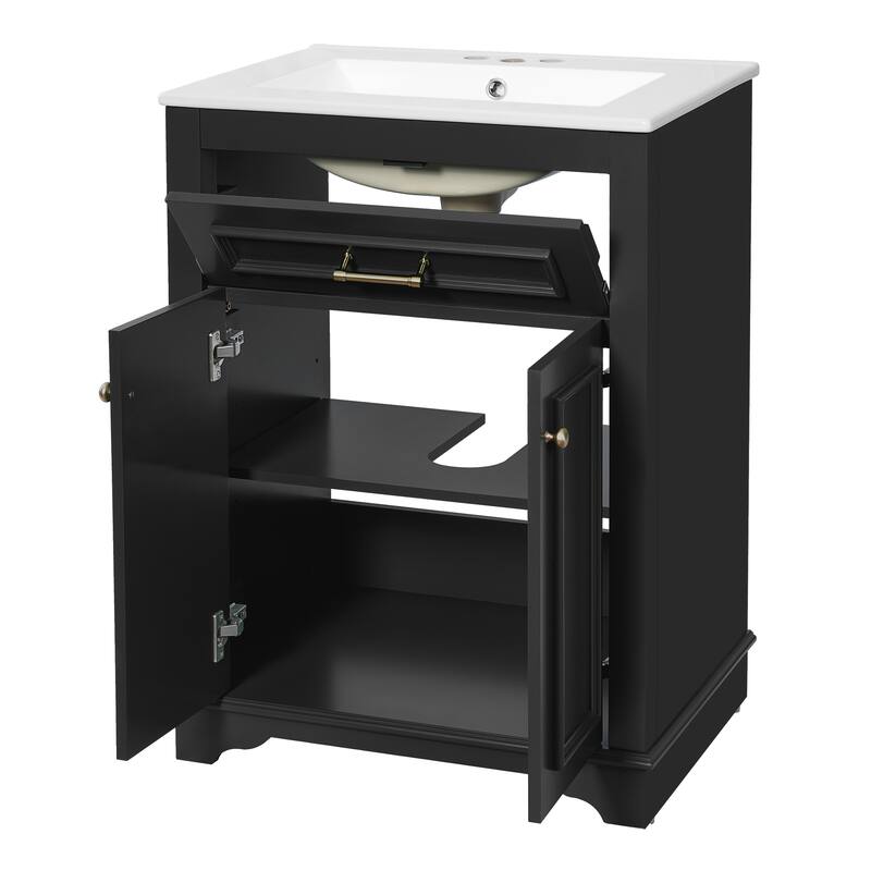 24" Bathroom Vanity with Integrated Ceramic Sink, 2 Doors & 1 Tip-Out Drawer for Small Bathrooms, Single Sink Vanity
