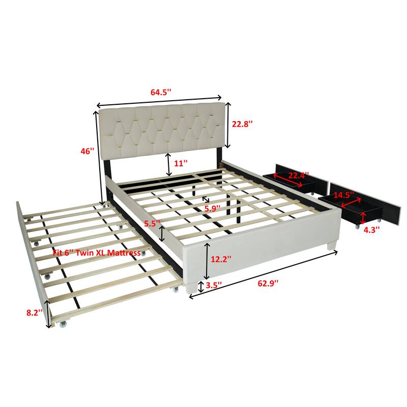 Modern Queen Upholstered Platform Bed with Gold Tufted Headboard, Pull-Out Trundle & 2 Storage Drawers, No Box Spring Needed
