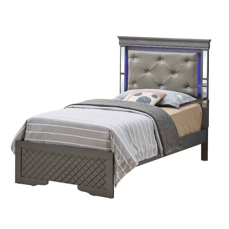 Jewel Tufted Upholstered Twin Panel Bed with LED Lights - 80" - Gray