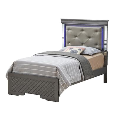 Jewel Tufted Upholstered Twin Panel Bed with LED Lights - 80" - Gray