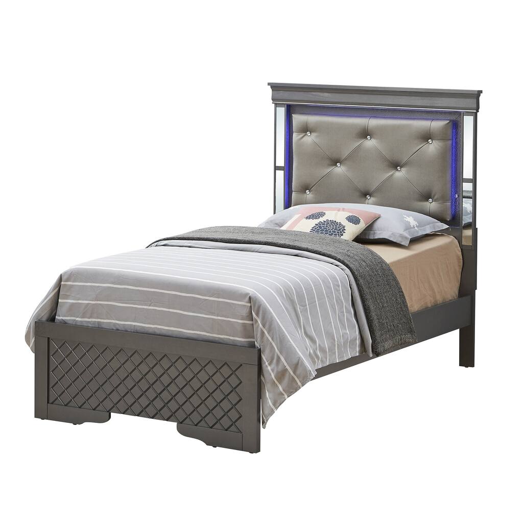 Jewel Tufted Upholstered Twin Panel Bed with LED Lights - 80" - Gray