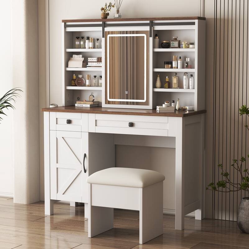 Farmhouse Makeup Vanity Desk with Sliding Mirror and Lights and Hairdryer holder and charging socket