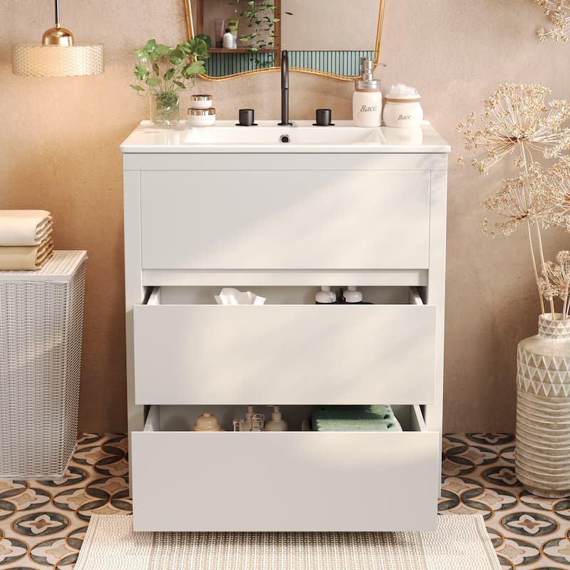 30" Freestanding Bathroom Vanity with Ceramic Sink - 2 Full-Extension Drawers, Soft-Close Slides & 45° Handle-Free Design