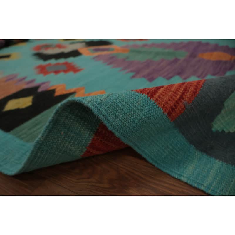 Hand Woven Oriental 100% Wool Carpet Southwestern Modern Navy Blue & Blues Kilim Area Rug - 11' 6'' X 4' 10''