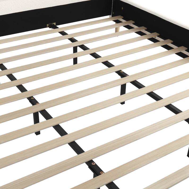 King Size Upholstered Platform Bed with Wingback Headboard, Boucle Fabric, White