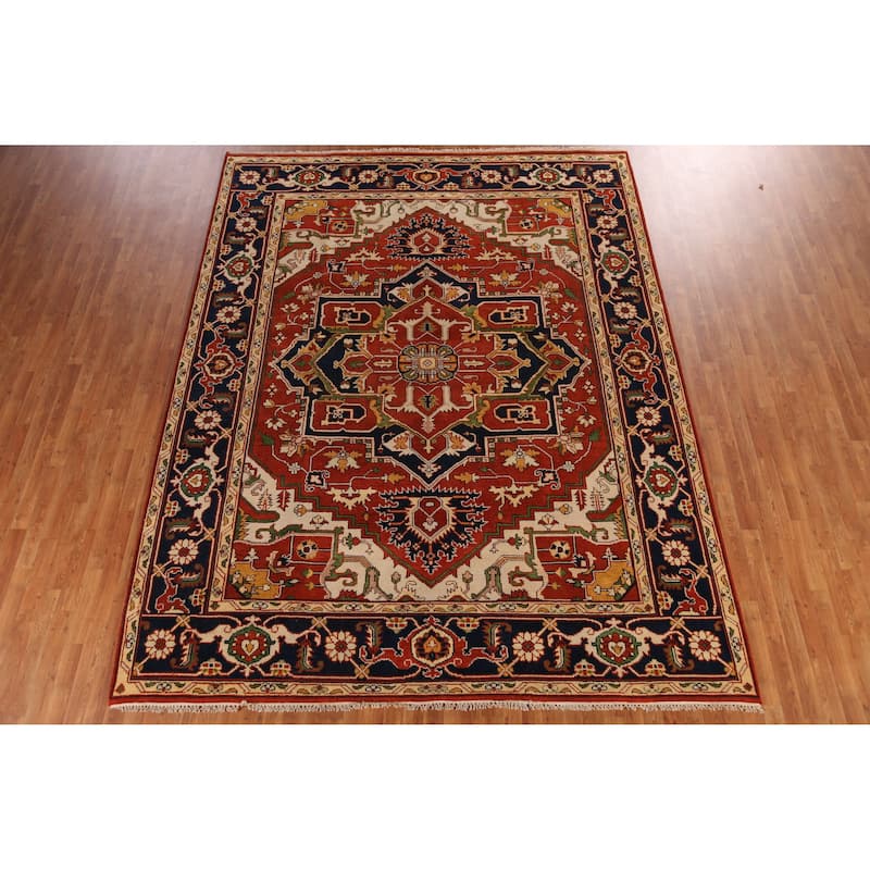 Orange Geometric Heriz Serapi Indian Area Rug Handmade Wool Carpet - 9'1" x 11'8"