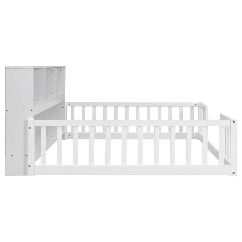 Full Floor Bed with Side Bookcase,Shelves,Guardrails