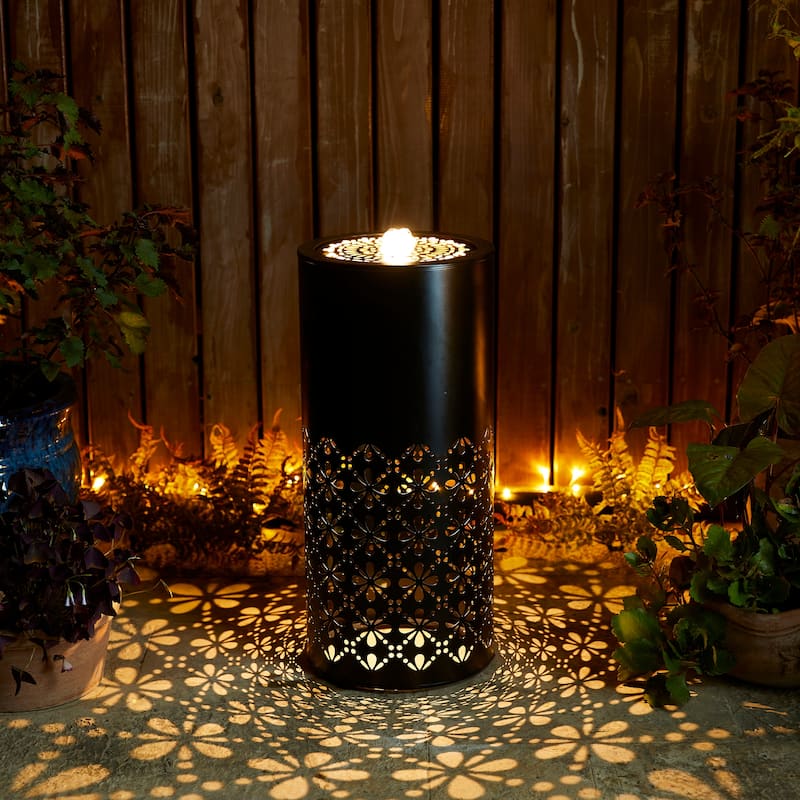 Glitzhome 23.5"H Metal Modern Cutout Pattern Outdoor Fountain with Lights & Shadows