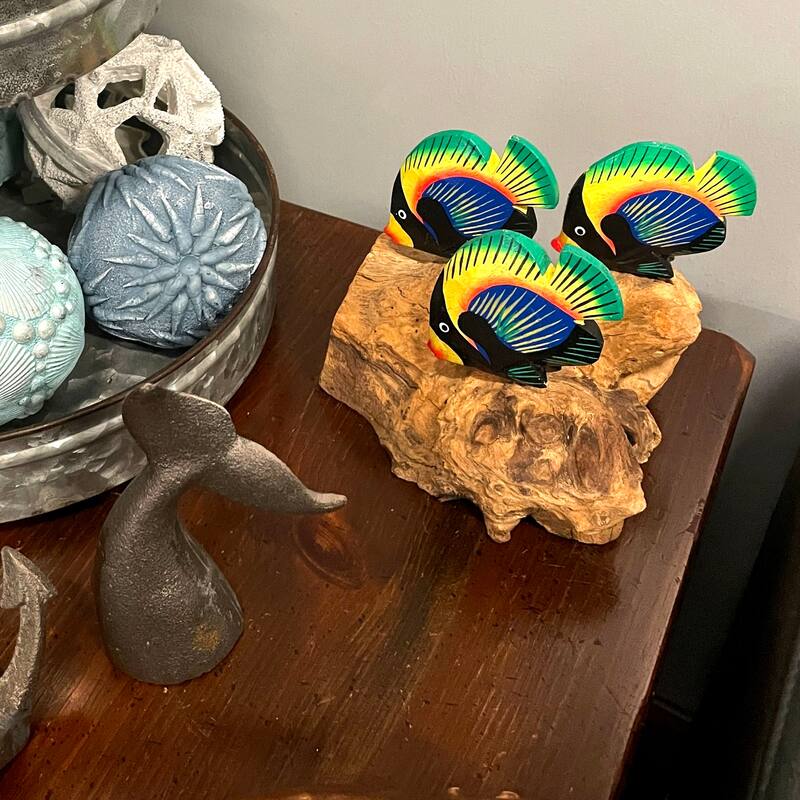 Handcrafted Driftwood & 3 Tropical Fish Sculpture Coastal Nautical - 6 X 7.5 X 7 inches