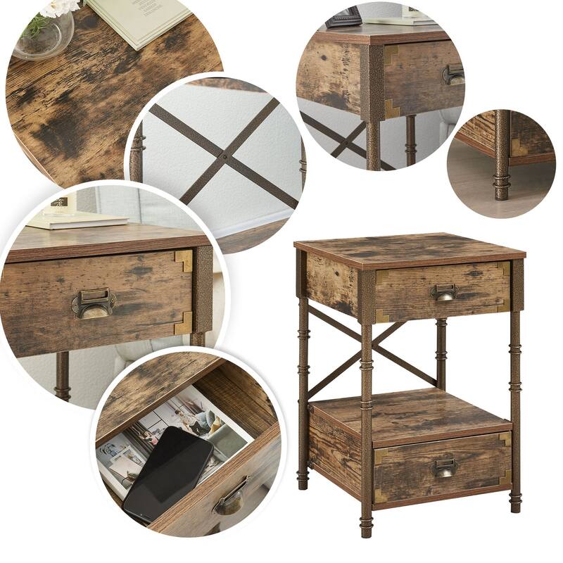 Vintage 2 Drawers Nightstand Set of 2 ,Rustic Brwon
