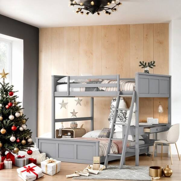 slide 2 of 17, Stylish and Functional Full Over Full Bunk Bed with Two Desk,Multi-Functional Children's Bed,Gray Gray